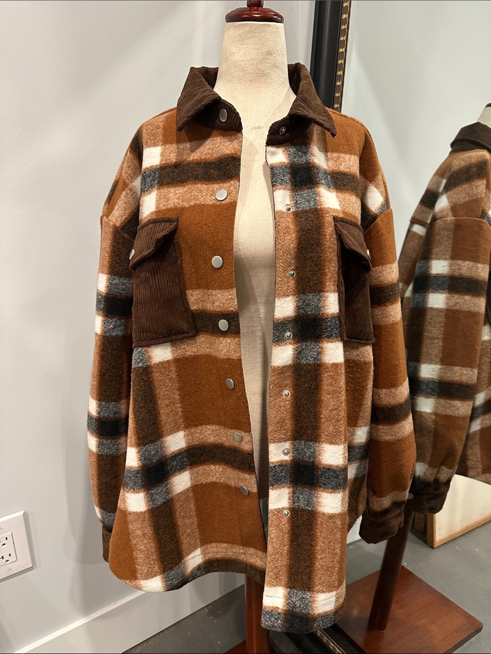 Magnolia BoutiqueBrown Plaid Utility Shacket with Corduroy Accents